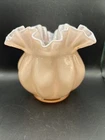Vintage Fenton Peach Pink Double Crimped Cased Glass Melon Overlay Bowl Vase
