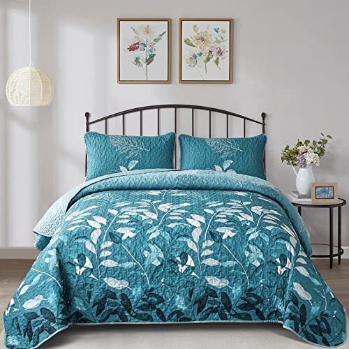  Quilt Set California King, 3 Pieces Floral California King(106"×96") Teal - Picture 1 of 6