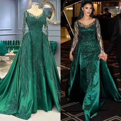 Green Emerald Beaded Wedding Dresses Illusion Long Sleeve Gala Satin Gowns 
