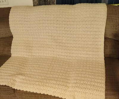 Crocheted afghan blanket throw coverlet Hand made Cream Ivory Very Heavy Warm