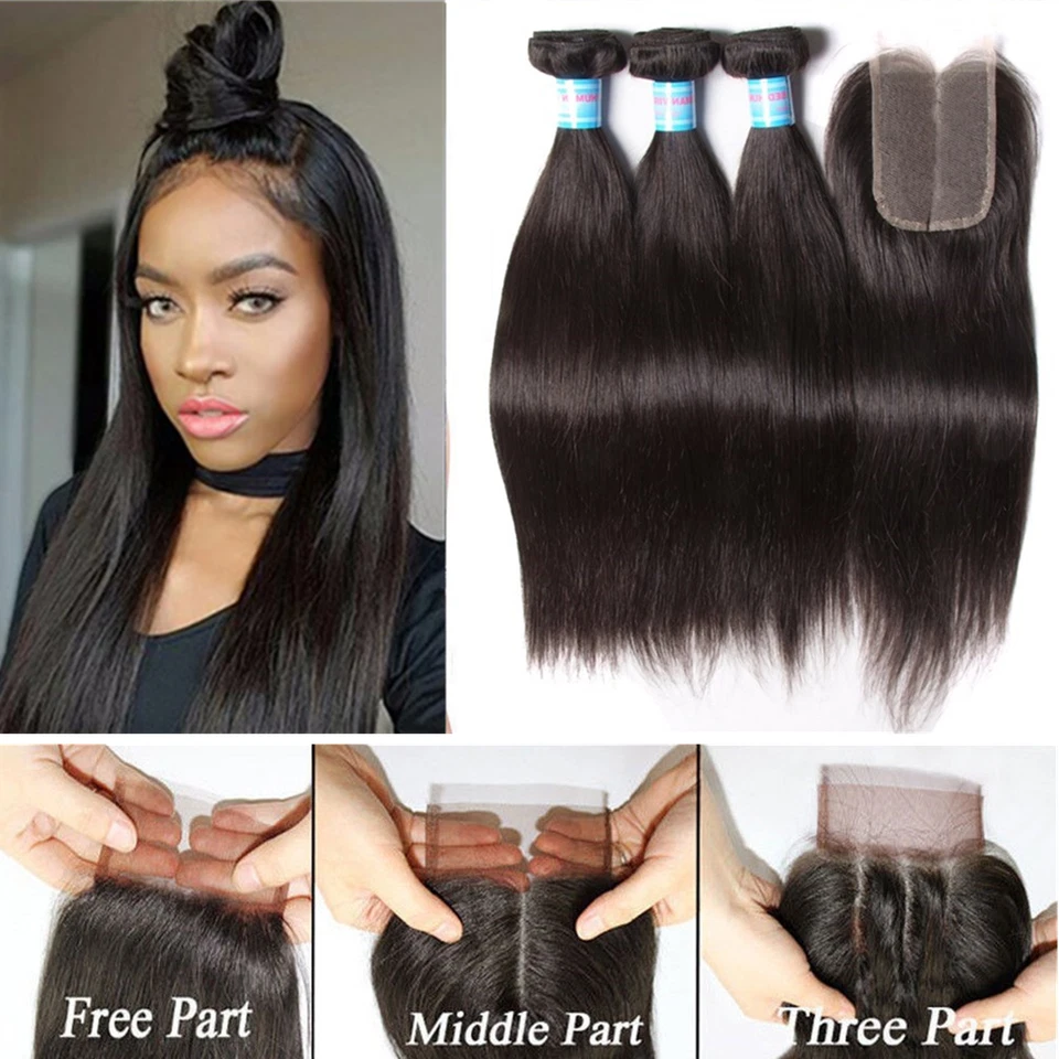 Cabello humano liso peruano 3 paquetes con extensiones de cabello con cierre de encaje de 4"X4" Foto 3 de 4