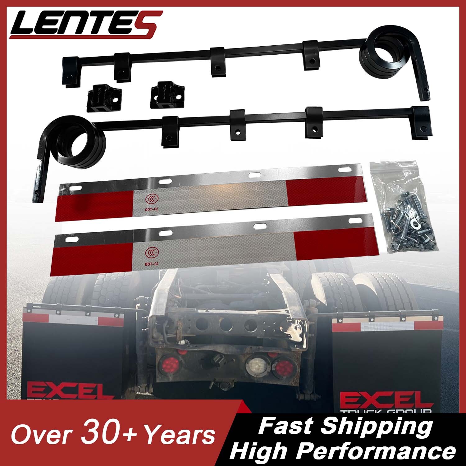 3 Coil Straight Fender Spring Mudflap Hanger Pair for Semi Truck w/Reflector Kit