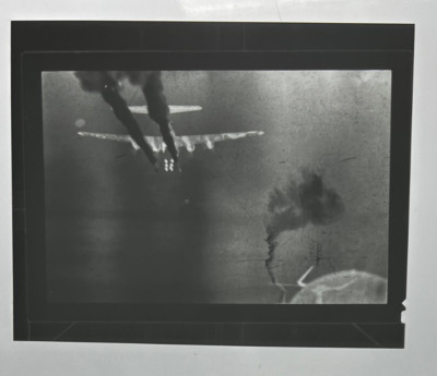 B-17 Bomber Engines on Fire Dropping Bombs Smoke 487th BG Negative Photo