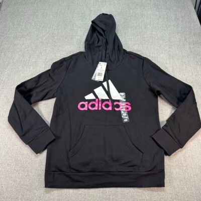 Adidas Hoodie Girls Large 16-18 Black Pullover Fleece Pink Logo NWT