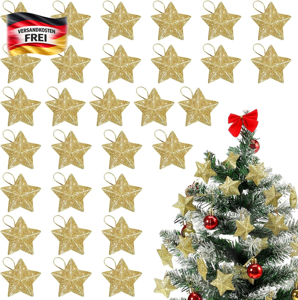 Dazzjoy 30 StüCk Glitzer Sterne Zum AufhäNgen Gold, Sterne Weihnachtsbaum Deko,-image