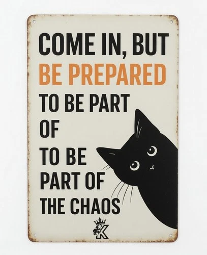 Funny Black Cat Chaos Metal Sign 8x12 Come In Be Prepared Vintage Tin