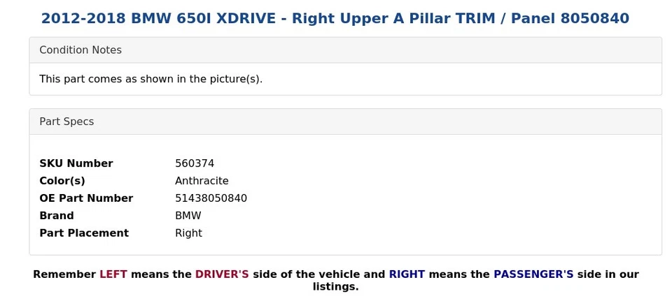 2012-2018 BMW 650I XDRIVE - Right Upper A Pillar TRIM / Panel 8050840 - Image 4 of 4
