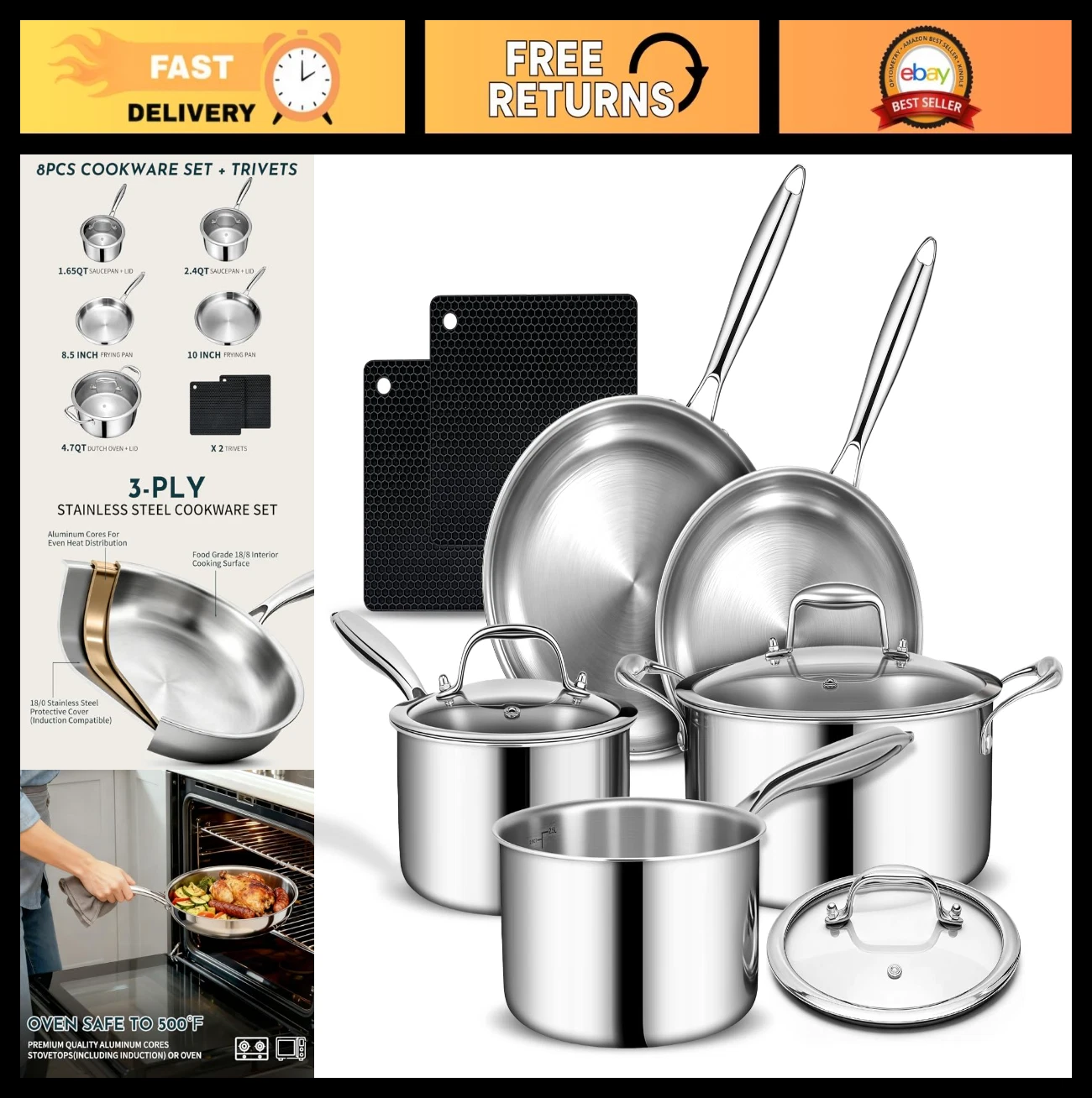 10-Piece 3-Ply Stainless Steel Cookware Set, Induction & Oven Safe, Chef Quality
Opens in a new wind