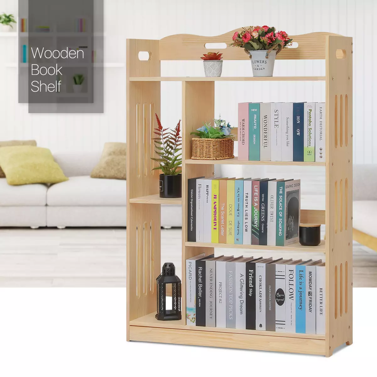 Wooden Bookcase MULTIPLE COMPARTMENTS Bookshelf Utility Storage