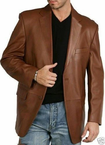 Noora Men's Brown Real Lambskin Leather Blazer, Modern Formal & Party Wear Coat