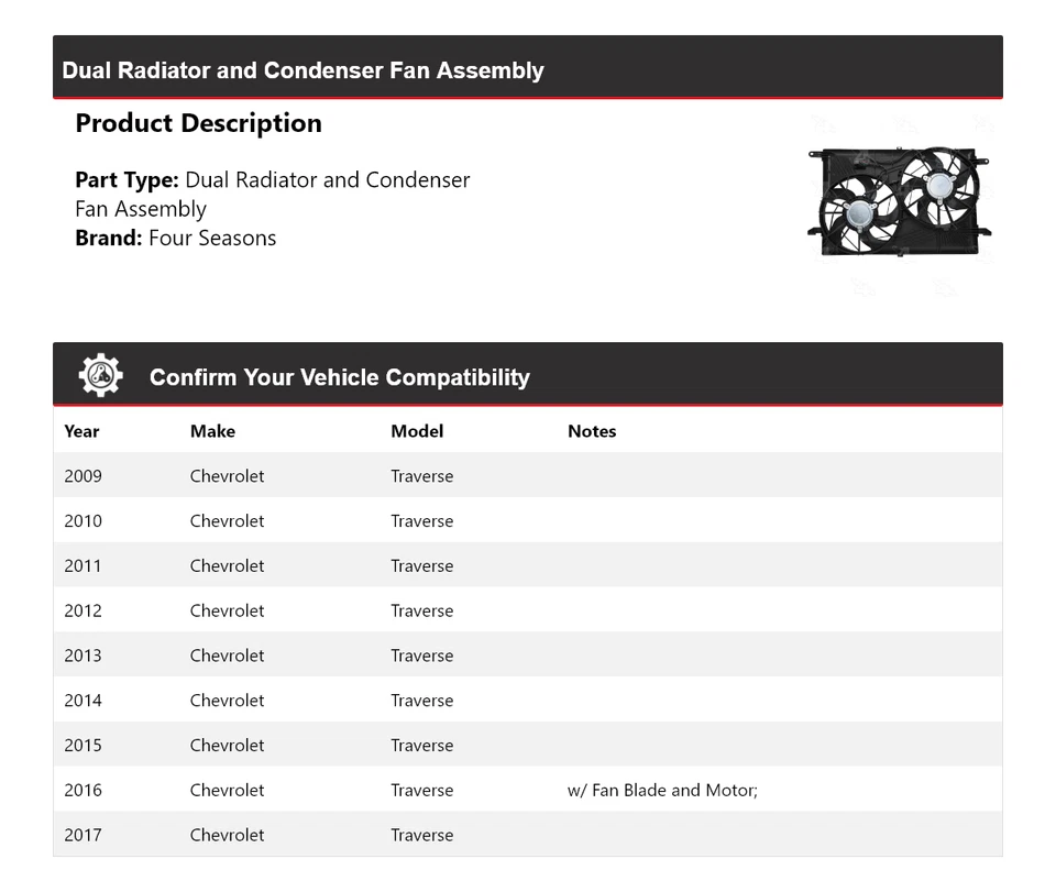 Conjunto de ventilador condensador radiador doble para Chevrolet Traverse 2009-2017 4 temporadas Foto 2 de 4