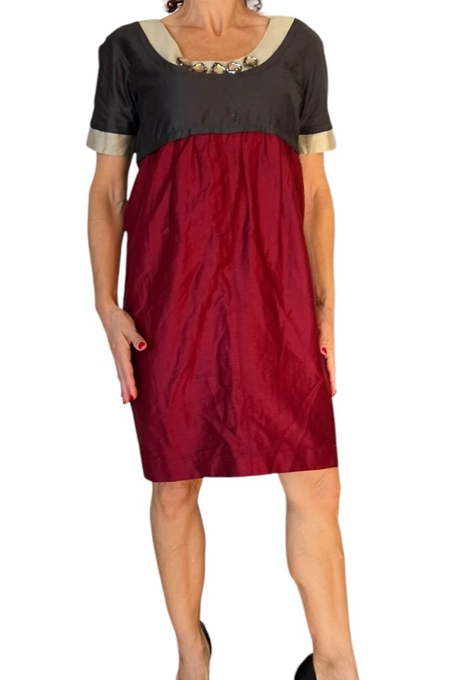 VESTIDO DE CÓCTEL VERA WANG ETIQUETA LAVANDA ROJO JOYA ROJO BLOQUES DE COLORES LINO CAMBIO 8 Foto 4 de 4