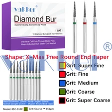 Vakker 10pc Diamond Bur X-Mas Tree Round End Taper Burs Fine Medium Coarse