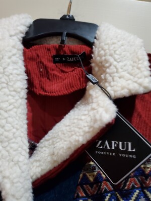 Zaful S ethnic print jacket Aztec fleece trim double snap closure