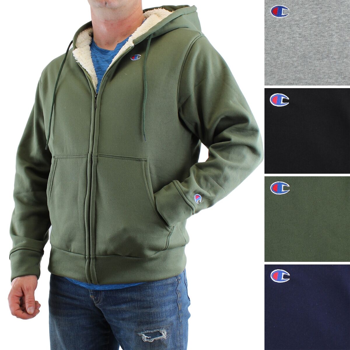 Embroidered Men\'s Pockets Zip Sherpa Sport eBay Full Jacket, Logo, Hoodie Champion |