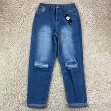 Boohoo womens size 6 high waisted distressed mom jeans light blue denim NWT