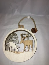 CHRISTMAS TREE ORNAMENT WOOD SILVER DEER ELK HUNTING NATURE HOLIDAY DECOR 3 3/4"