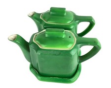 Japan Green Ceramic Twin Teapots Set Side by Side Pots Matching Trivet Base