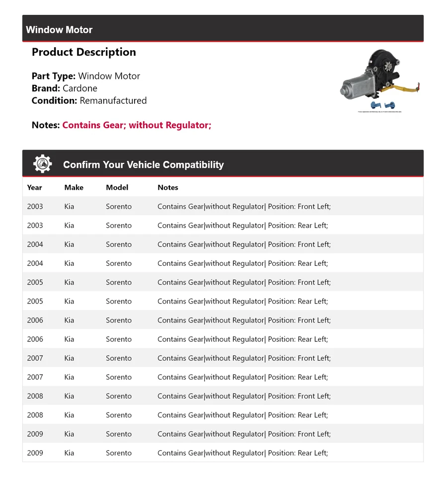Para Kia Sorento 2003-2009 Ventana Motor Cardone 2004 2005 2006 2007 2008 Foto 2 de 4