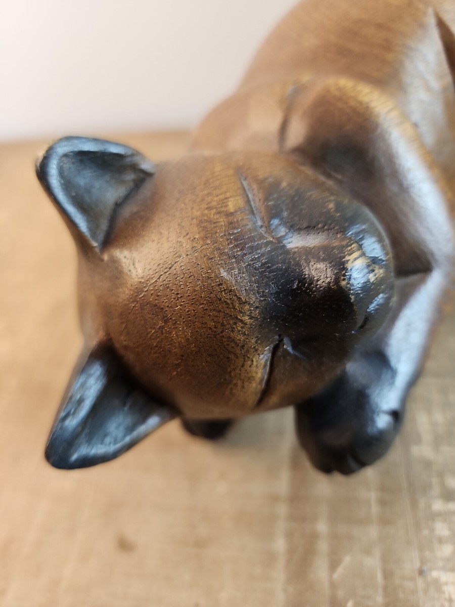 Wooden Cat Shelf Sitter Figurine Carved Hanging Tail Thailand