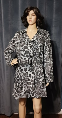 Nue Options Trench Coat Women 12 Animal Print Black Grey Pockets Belt Retro Read
