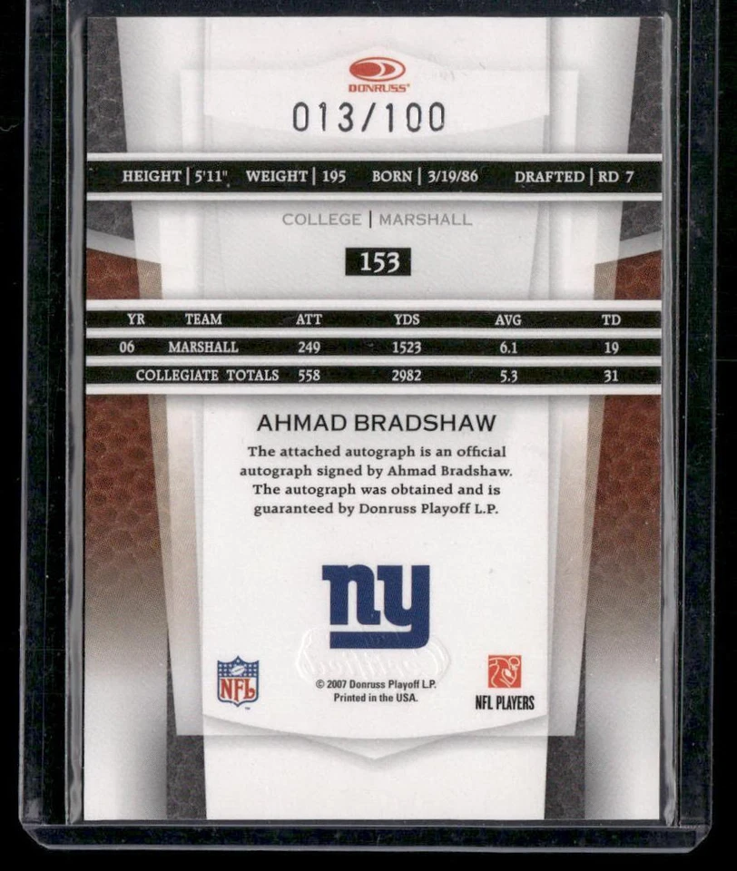2007 Leaf Certified Materials #153 Ahmad Bradshaw Mirror Red Signatures #/100 - Image 2 of 2