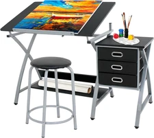 Drafting Table and Stool Set Drawing Drafting Desk w/Drawers Artists Workstation