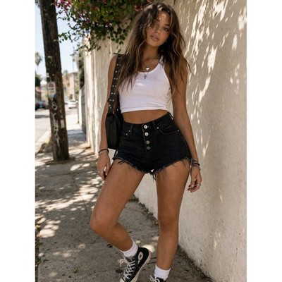 Ksubi Rise N Hi Black Distressed Denim Shorts Womens 29 Button Fly Raw Hem