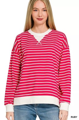 Zenana Contrast Striped Round Neck Sweatshirt