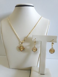 Authentic Virgen de Guadalupe Gold plated and Multicolor Pendant Necklace and Earring Set