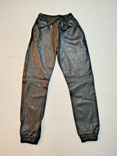 Women  s Black Genuine Lambskin Leather Jogger Pants Elastic Waist Cuffed Hem