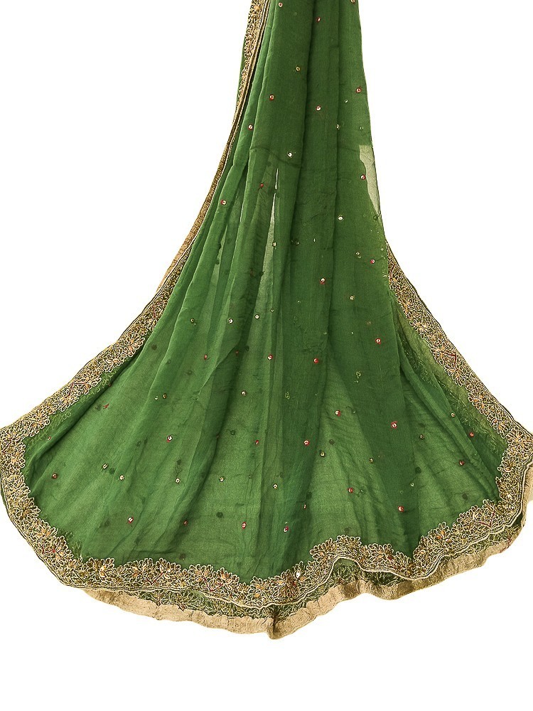 Gasa verde Dupatta bordado dorado, bufanda de boda india LD7270