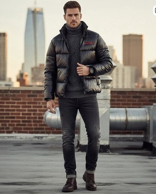 Spalding Men's Black Lightweight Puffer Jacket Zip Stand-Up Collar Short Casual