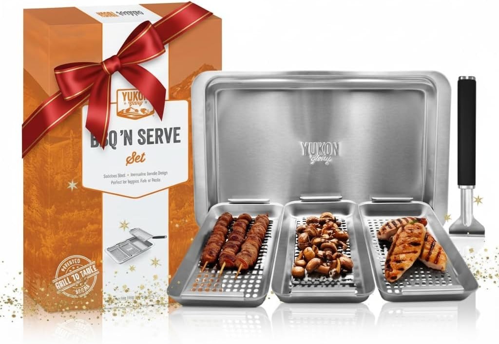 Juego de Cestas para Parrilla de Verduras para Barbacoa, Acero Inoxidable, 3 Cestas con Bandeja de Goteo y Remo