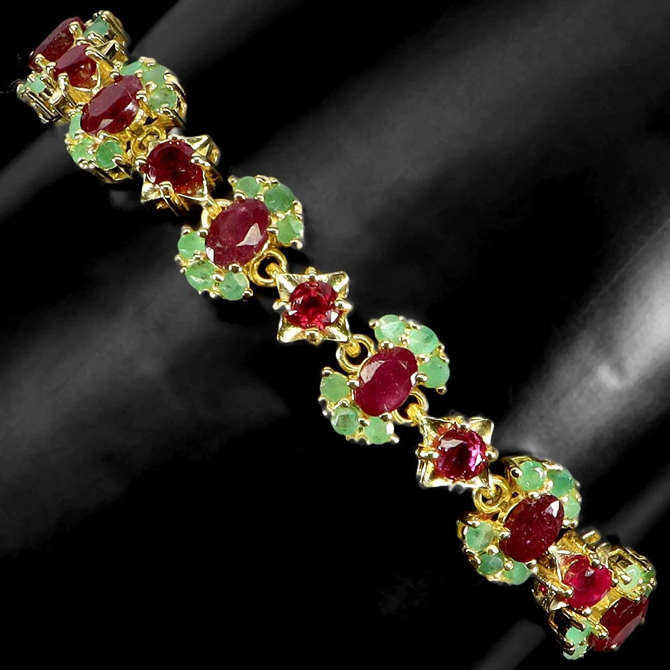 925 Sterling Silber Armband Oval Rubin 6x4mm Smaragd Edelstein Schmuck 19.1cm - Bild 2 von 4