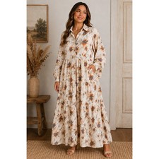 Tahari Women's S Maxi Dress Cream Floral Tiered Long Sleeve Button Front Cotton