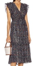 Ulla Johnson Dress Linnea navy Multicolored, Ties at neck & sides, V Neck $545