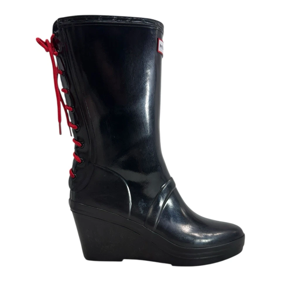 Botas de lluvia con cuña de goma HUNTER para mujer 9 VERBIER con cordones a media pantorrilla W23957 NEGRAS Foto 3 de 4