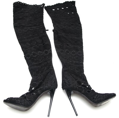 TOM FORD Boots Suede Boot Black Over The Knee Leather Cut Out Peep Toe Heels 38
