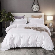 Omelas White Ruffled Duvet Cover Set Full/Queen Size Vintage Ruffle Fringe