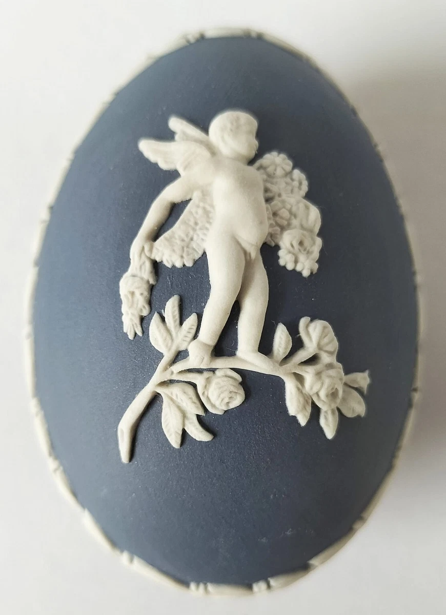 Wedgwood Portland Blue Jasperware Egg Trinket Box Cherub - Jasper