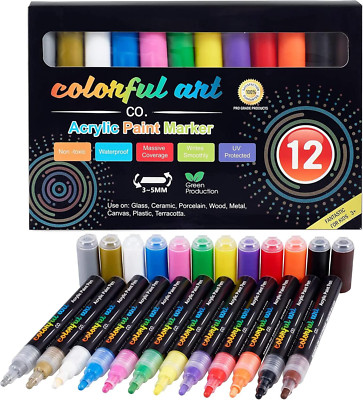 Acrylic Paint Pens 12-Pack   Permanent & Waterproof with Reversible Brush Tips