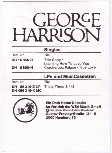 7" GEORGE HARRISON - THIS SONG + Autogramm - DARK HORSE # DH 16856 - D 1976 vg+