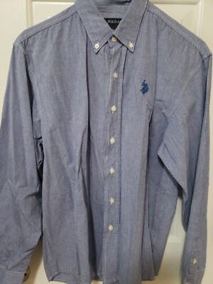 Boy's U.S. Polo Assn Long Sleeve Button Up Collared Dress Shirt Blue/White Sz 18