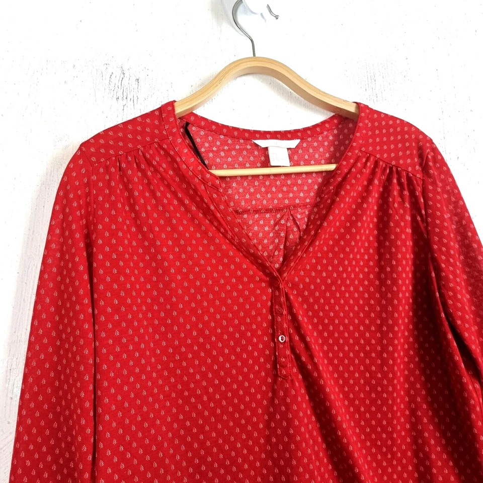 H&M Womens Top Size S Red White Stretch Knit 3/4 Sleeves V-Neck Casual Ladies - image 2 of 4