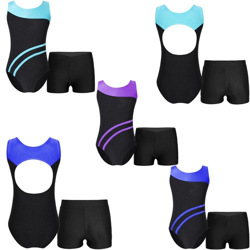 Kids Girls Outfits Yoga Suit Gymnastics Set Bodysuit 2 Pieces Cutout Back Stage - Picture 2 of 27