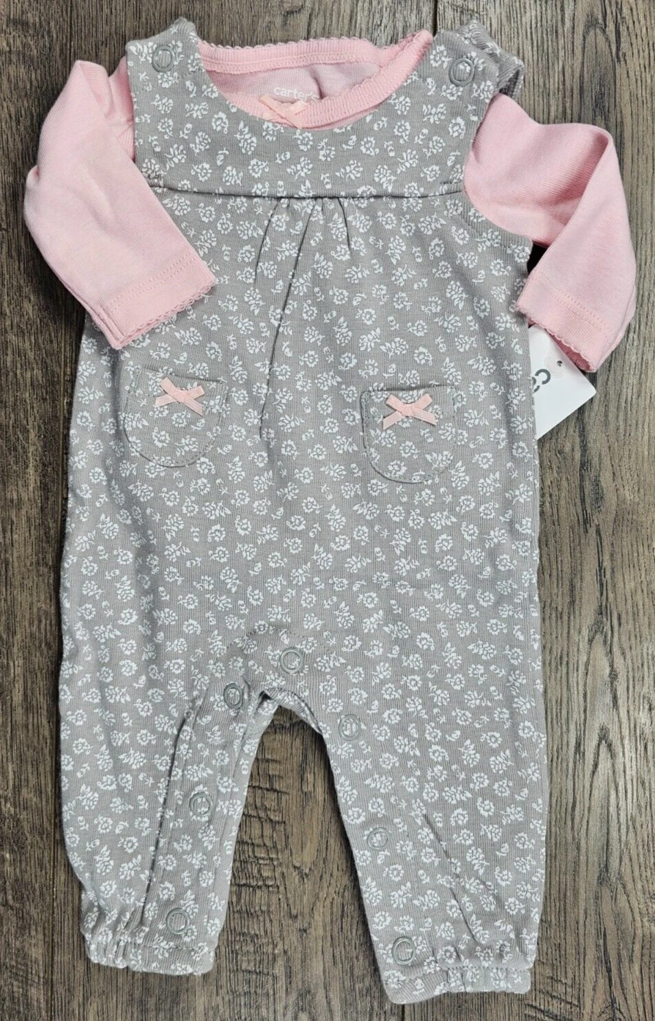 Baby Girl Clothes New Carter's Preemie Gray & Pink 2pc Flower Overalls Outfit
