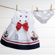 Girl Toddler Sailor Dress 6 Mos Navy Blue White Red Nautical with Bloomers