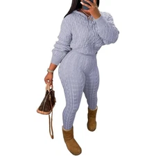 Women's 2Pcs Outfits Autumn Winter Warm Knitted Sweater Hooded Top Pants Sets