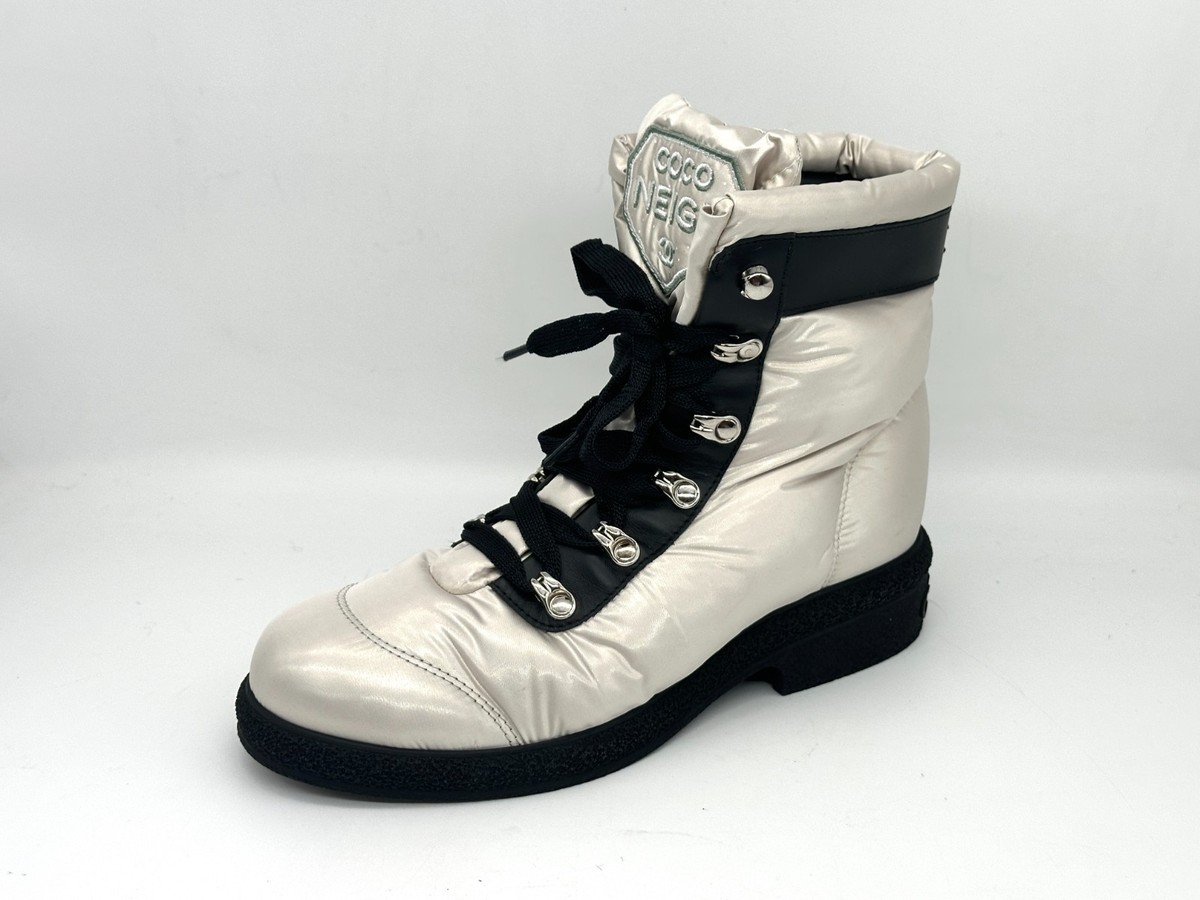 CHANEL 18B Nylon Leather Lace Up Coco Neige Winter Boots Shoes